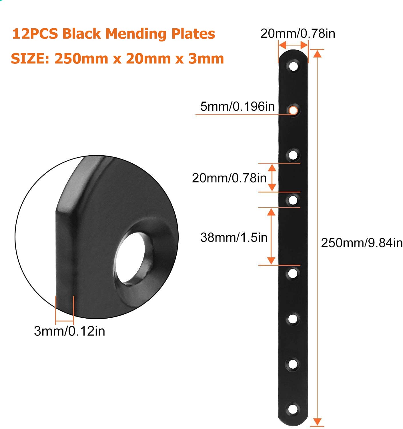 Lot de 12 supports plats et droits, 250 mm x 20 mm x 3 mm, en acier carbone pour réparation de meubles et projets de bois