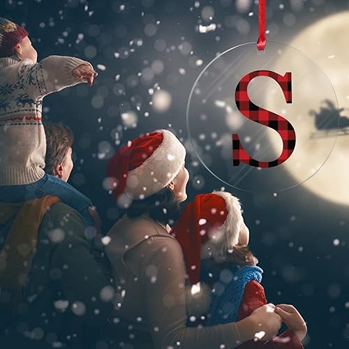 Miniatura 6 de Monograma personalizado con letra S con inicial, regalos de recuerdo de Navidad, decoración acrílica para árbol de Navidad, a cuadros, rojo y negro,