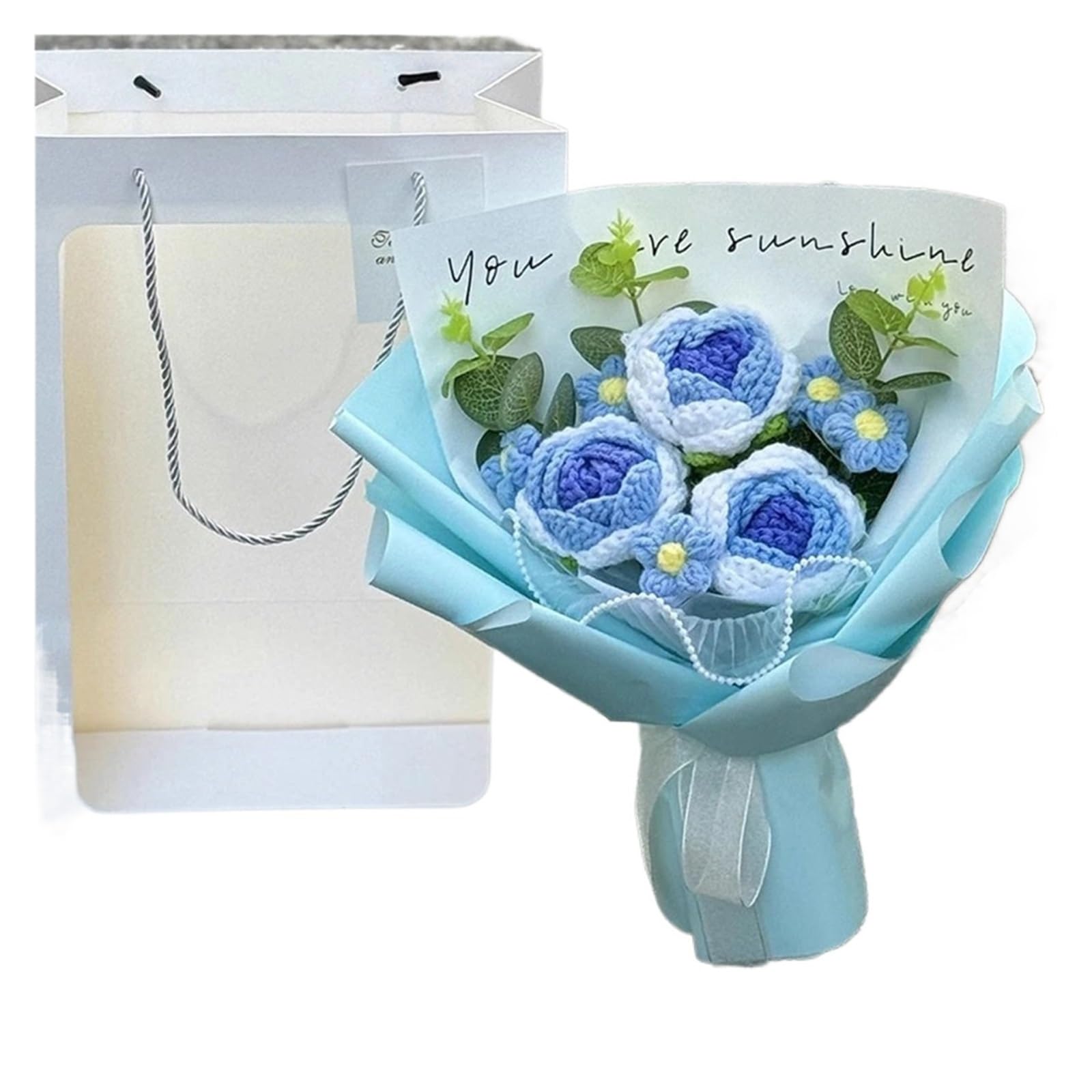 FCfpxwtz Artificial Crochet Flower, Handmade Crochet Flower Bouquet Gift Bag Multicolor for Valentine's, Mother's, Birthday(Blue-c)