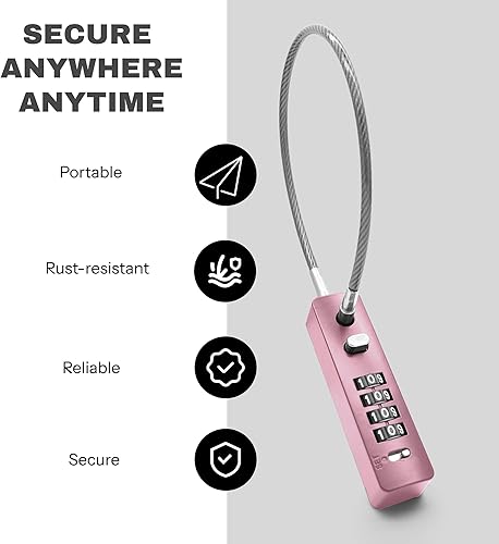 Miniatura 4 de Candado de cable de combinación de 4 dígitos para casco de bicicleta, scooter y motocicleta, cadena de cable de 11.8 pulgadas, color rosa, cerradura