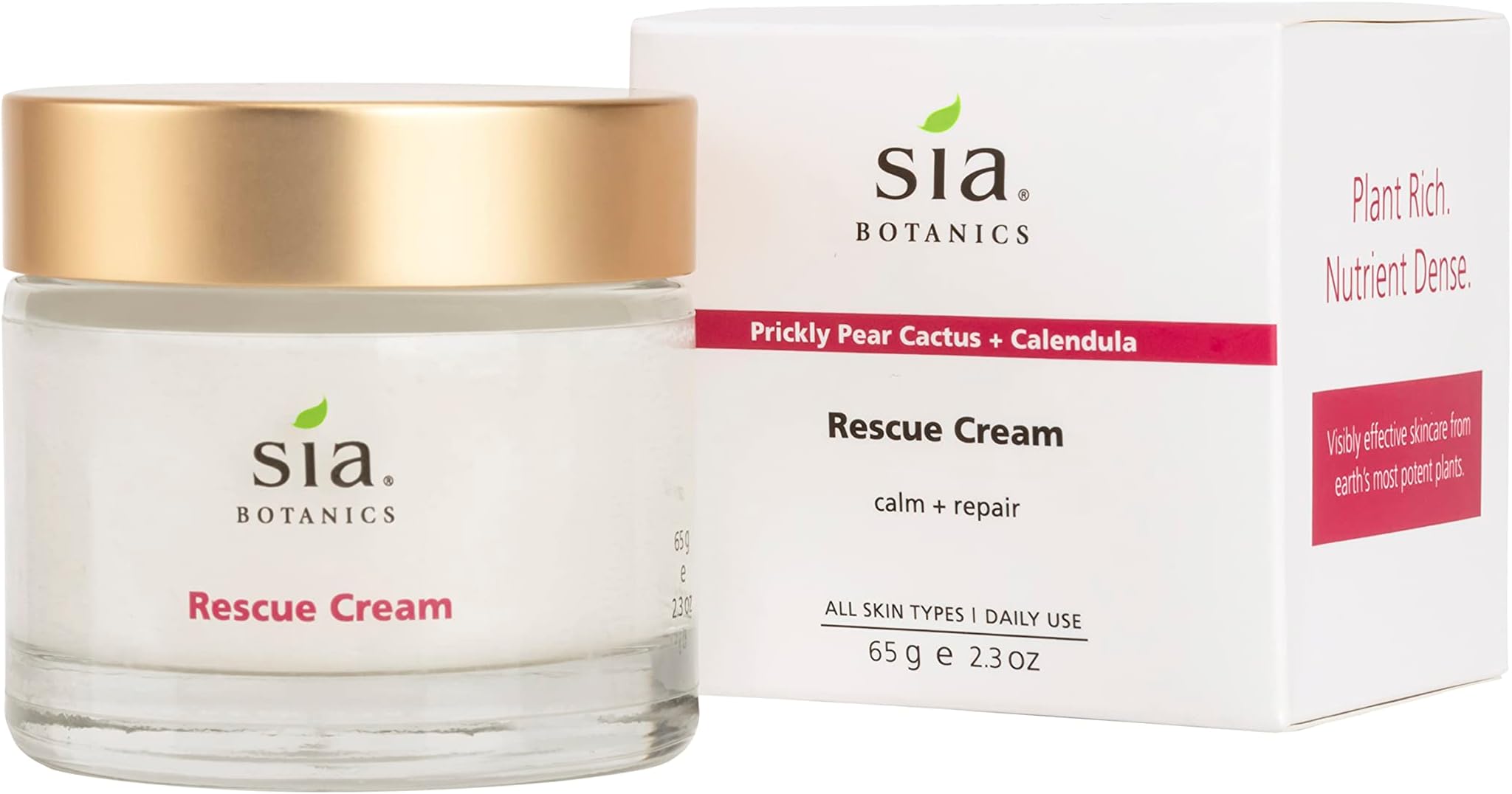 Sia Botanics Rescue Face Cream (65g/2.3oz Glass Jar) | Facial Moisturizer w/Prickly Pear Cactus, Aloe Vera, Green Tea Extract | Natural, Clean, Botanical Skincare for Women