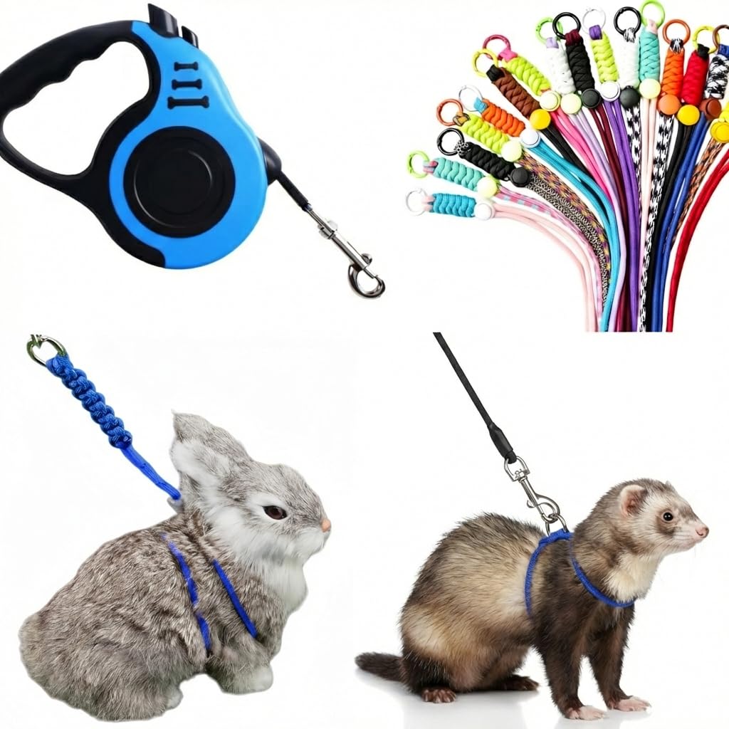 Photo 1 of [3-Piece Set] Escape Proof Small Pet Harness and Leash - 10ft (3m) Retractable Lead & 2 Adjustable Rope Vests for Kittens, Ferrets, Rabbits, Guinea Pigs & Small Pets