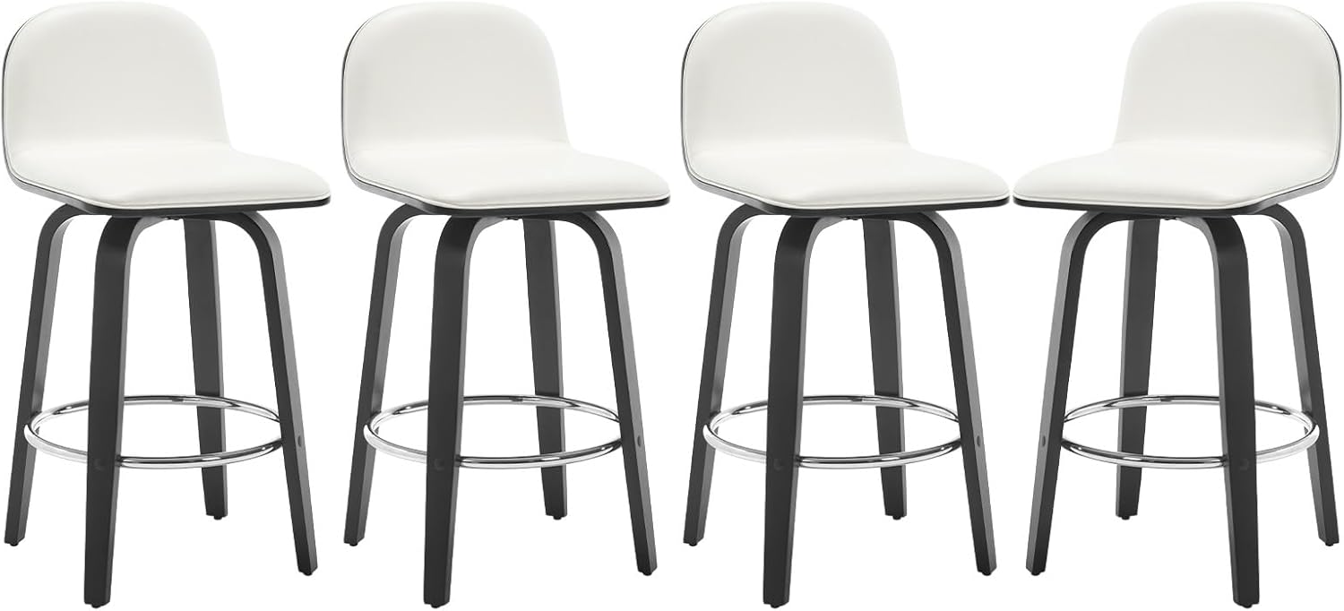 Bekrvio Swivel Counter Height Bar Stools Set of 4, Mid-Century Modern Upholstered PU Leather Barstools with Low Back & Black Bentwood Frame, 26" Seat Height Counter Stools for Kitchen Island, Cream