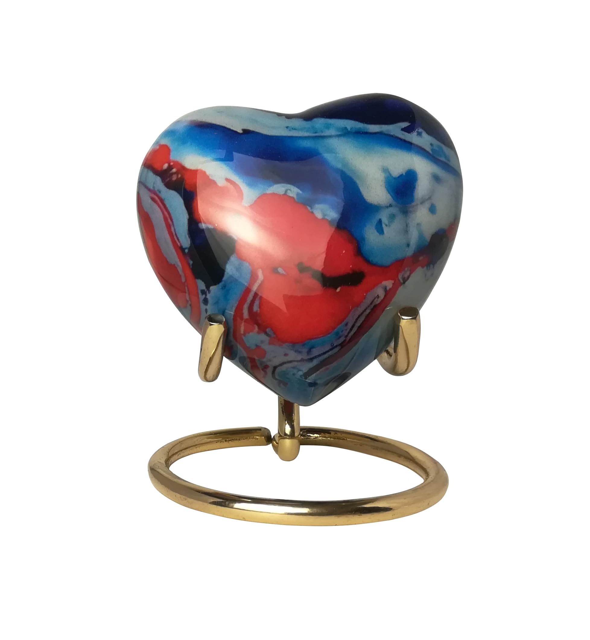 Stunning Metal Heart Urn for Ashes Keepsake Human Pet Cremation Love Memorial Small Mini 3" + Stand Presentation Box & Bag (Blue, Red and Black)