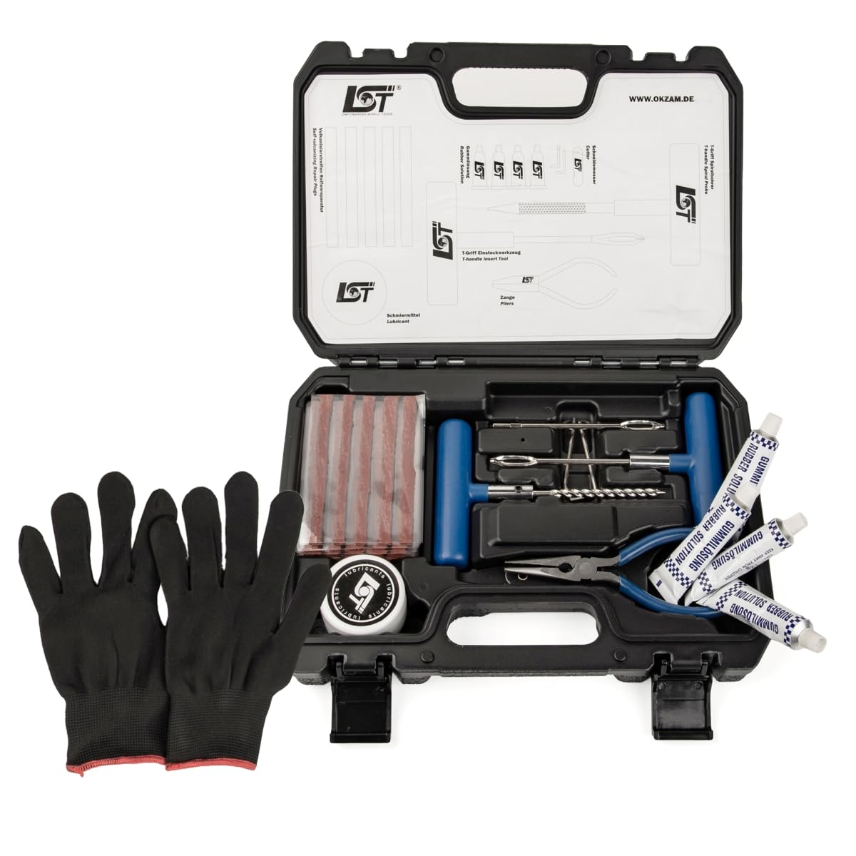 LST Reifen Reparaturset 48-teilig für schlauchlose Reifen, Profi Pannenhilfe Set mit 35 Vulkanisierstreifen für Auto, Motorrad, Roller und Quad, inklusive T-Griff Werkzeug, Zange und Koffer