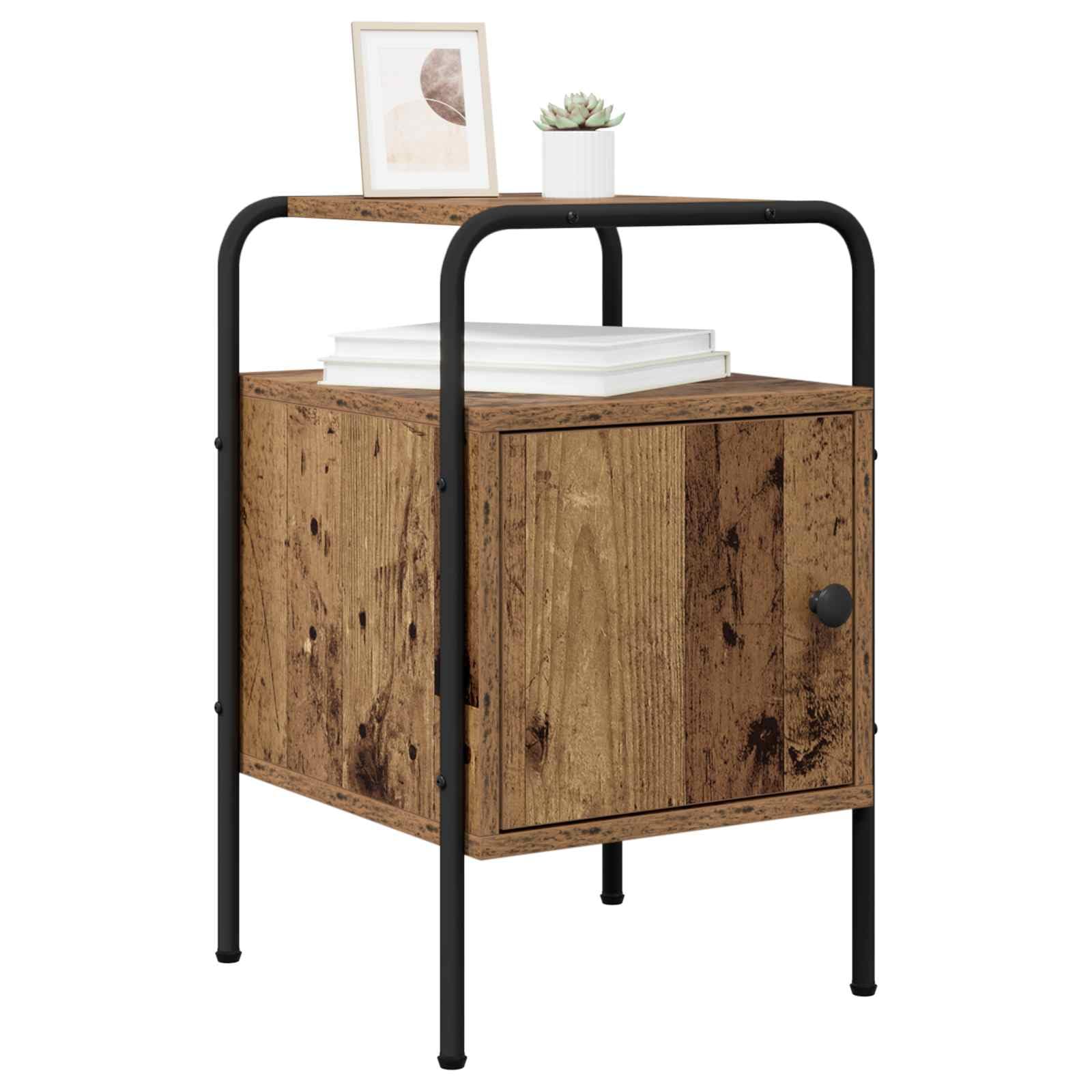 Armadio da notte legno antico con struttura in acciaio zincato, comodino moderno con anta e ripiano, mobiletto salvaspazio per camera letto soggiorno ufficio