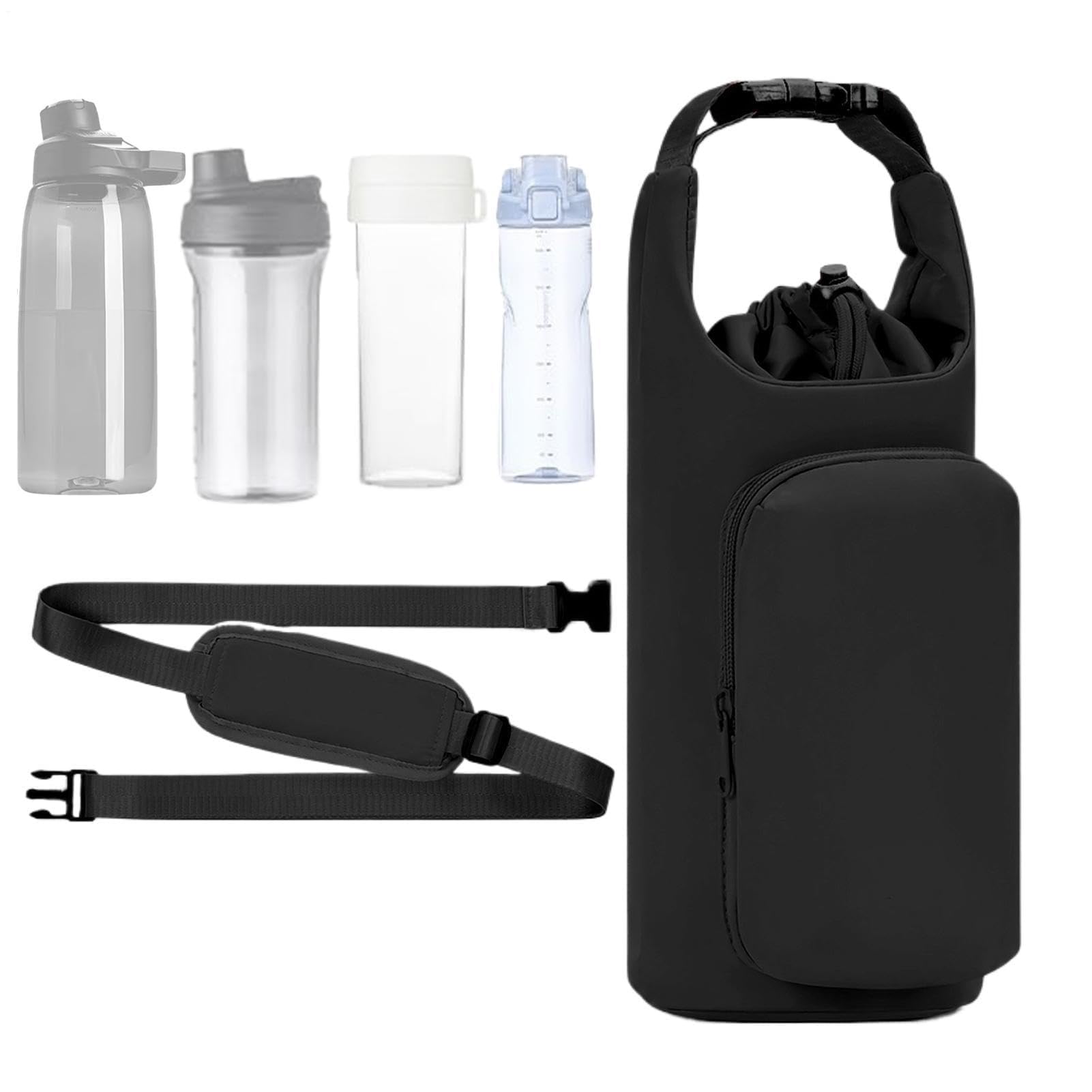 Wasserflaschenhalter mit Gurt, verstellbare isolierte Tasche mit Kordelzug mit Tasche, Wasserflaschenriemen, für Fitnessstudio, Wandern, Reisen, Outdoor, Strand, Büro, Schule, Auto, Kreuzfahrt