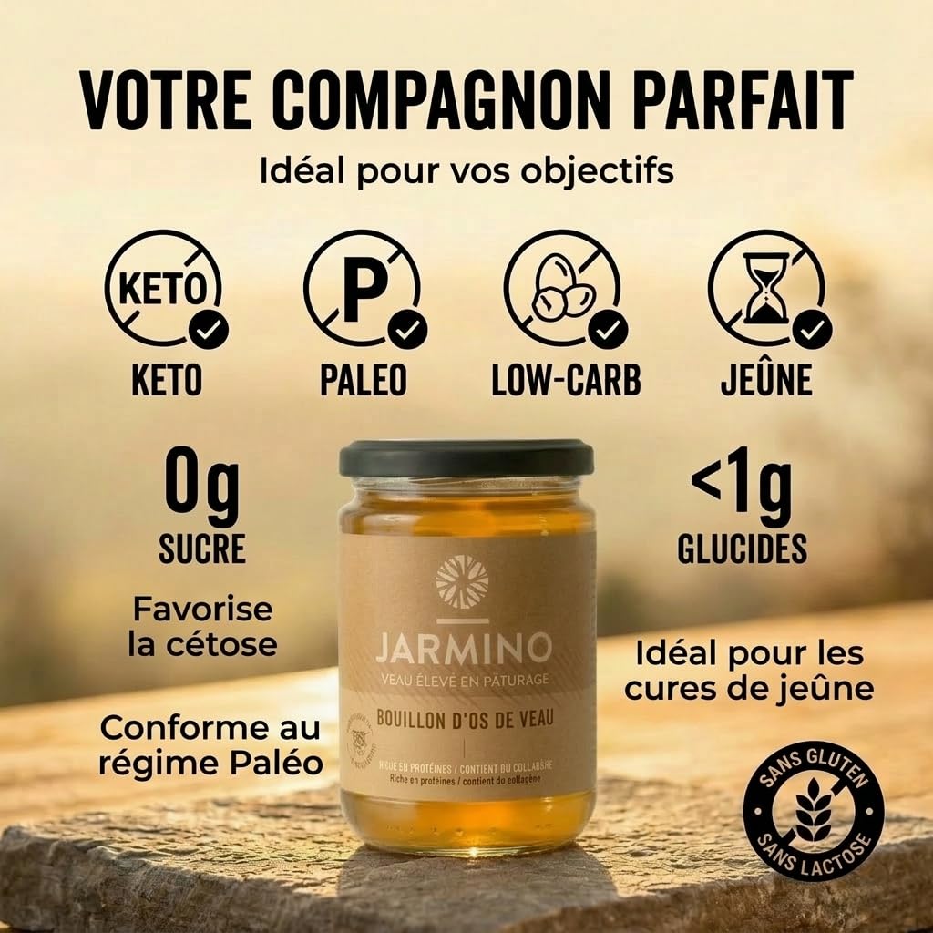 JARMINO Bone broth soupe (4x 350ml) | bouillon d'os de veau | JARMINO | acide hyaluronique, collagène et protéine naturelle | bio