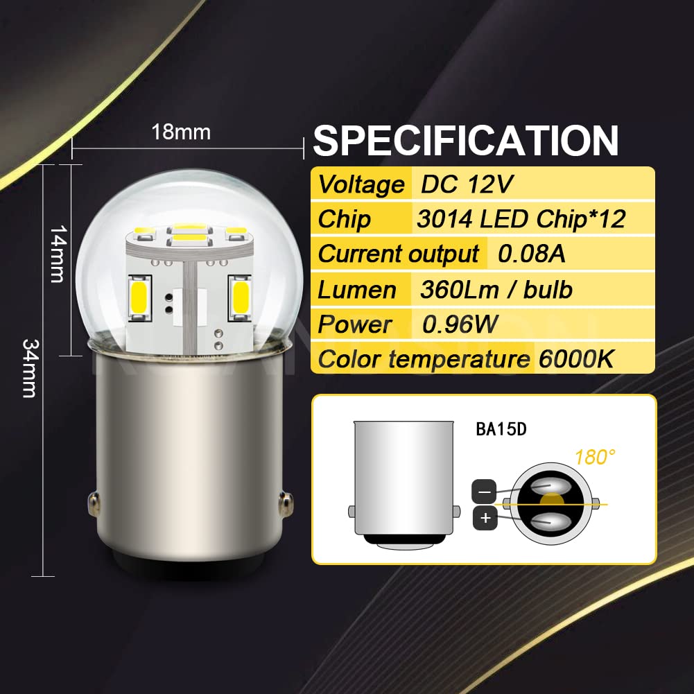 Ruiandsion Ampoule LED BA15D 12V Blanc 1130 1142 1176 3014 12SMD Ampoules LED de remplacement pour feux arrières de voiture, remorque, bateau, camping-car (Lot de 10)