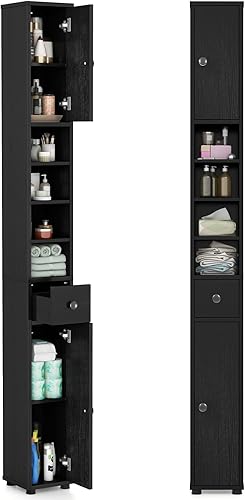 Miniatura 1 de Tangkula Armario de almacenamiento de baño alto y delgado, organizador de gabinete de baño independiente de 71 pulgadas con 2 puertas, 1 cajón y 5