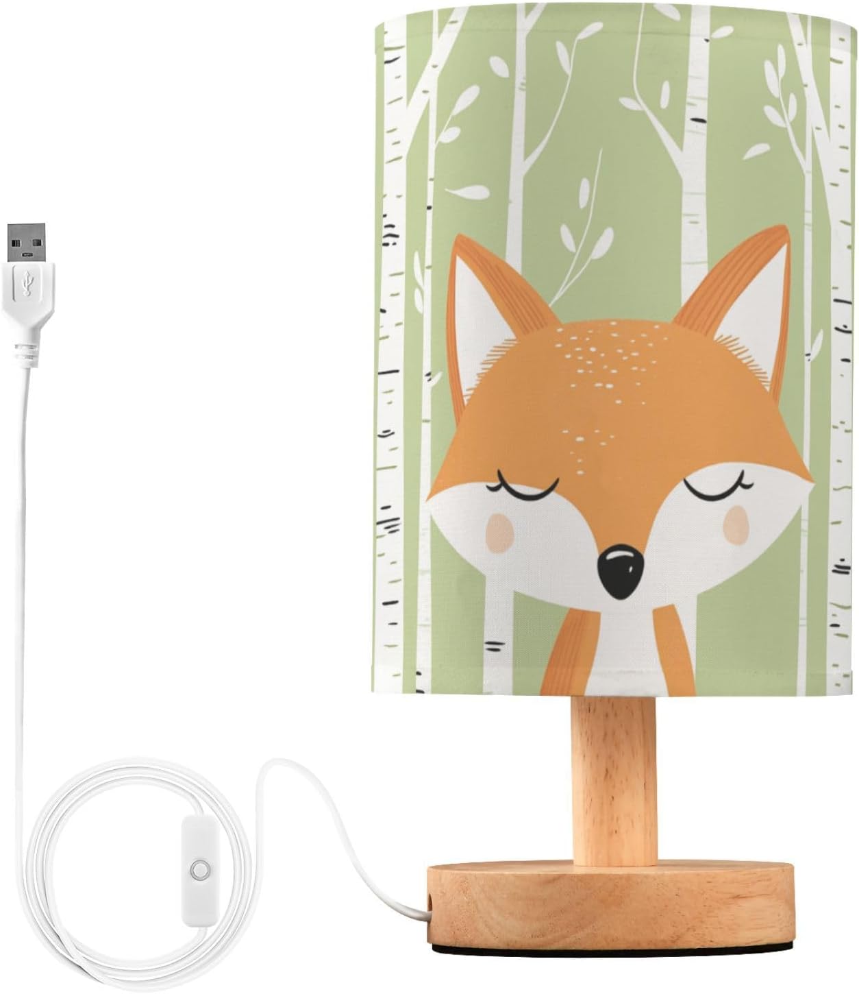 Cute Fox Forest Cartoon Woodland Animal Bedside Table Lamps with USB Port for Bedroom LampSmall Nightstand Lamp Sturdy Linen Shade Wooden Base Decorative Lamps for Nursery Kids Reading Dorm Home