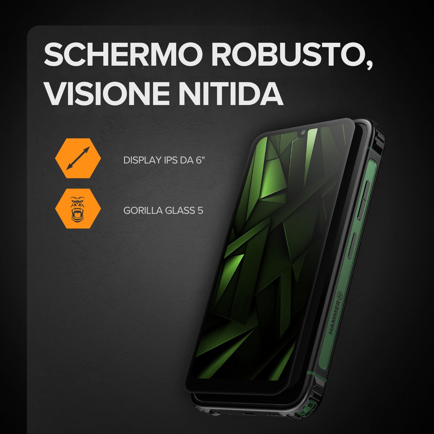 Hammer H Ranger Outdoor Cellulare, Smartphone, 4G LTE, 6/128 GB, 5000 mAh, Display da 6 pollici, 50 MP, Ultrawide, IP69, Gorilla Glass 5, NFC, Biometria, Jack da 3,5 mm, Dual SIM, eSIM