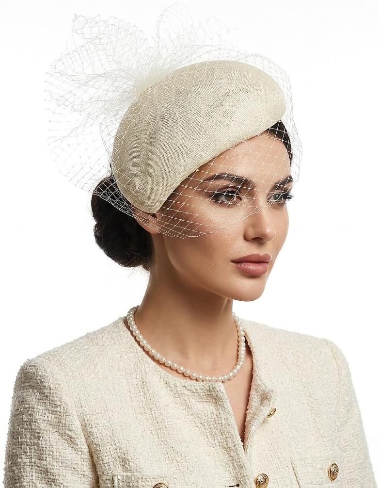Women's Fascinators Vintage Sinamay Hat Base 20s 50s Teardrop Pillbox Hat with Veil Clip Ladies Church Derby Hats