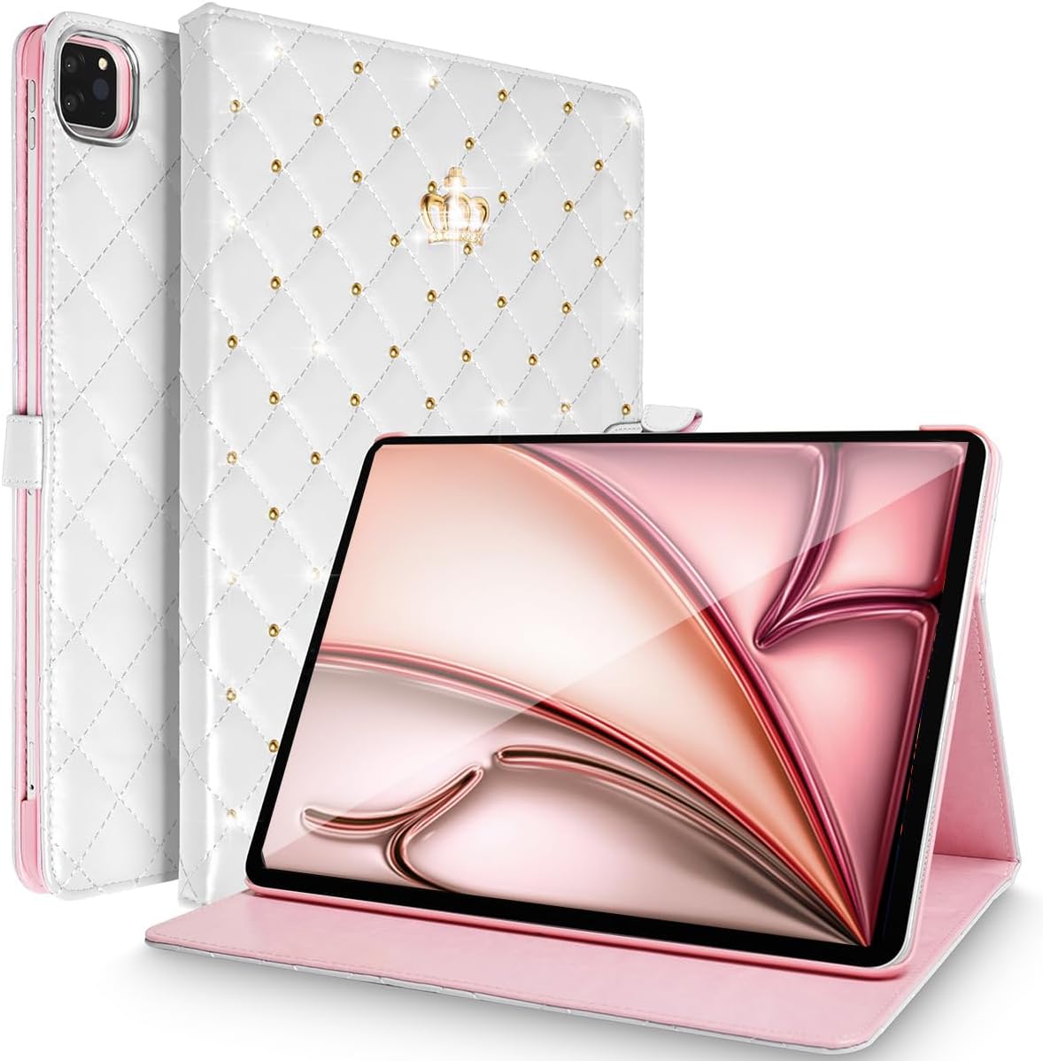 Changjia for iPad Air 13 Inch Case M4 2026/M3 2025/M2 2024, iPad Pro 12.9 (6th/5th Gen 2022/2021), Cute Crown Rhinestone Elegant PU Leather Auto Sleep/Wake Stand Protective Case for iPad Air 13", Pink