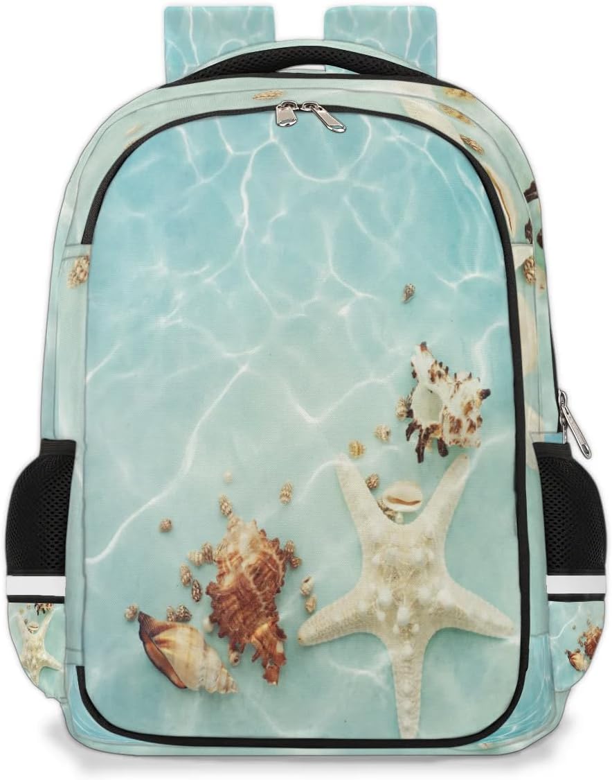 Blue Sea Starfish Seashells Backpack Multifunction Rucksack Seashells Beach Back Pack School Bookbag Hiking Travel Casual Laptop Daypack Bags for Boys Girls Men Women
