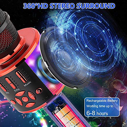 Image of Amazmic Kids Karaoke Microphone Machine Toy Bluetooth Microphone Portable Wireless Karaoke Machine Handheld with LED Lights, Gift for Children Adults Birthday Party, Home KTV(Black Red)