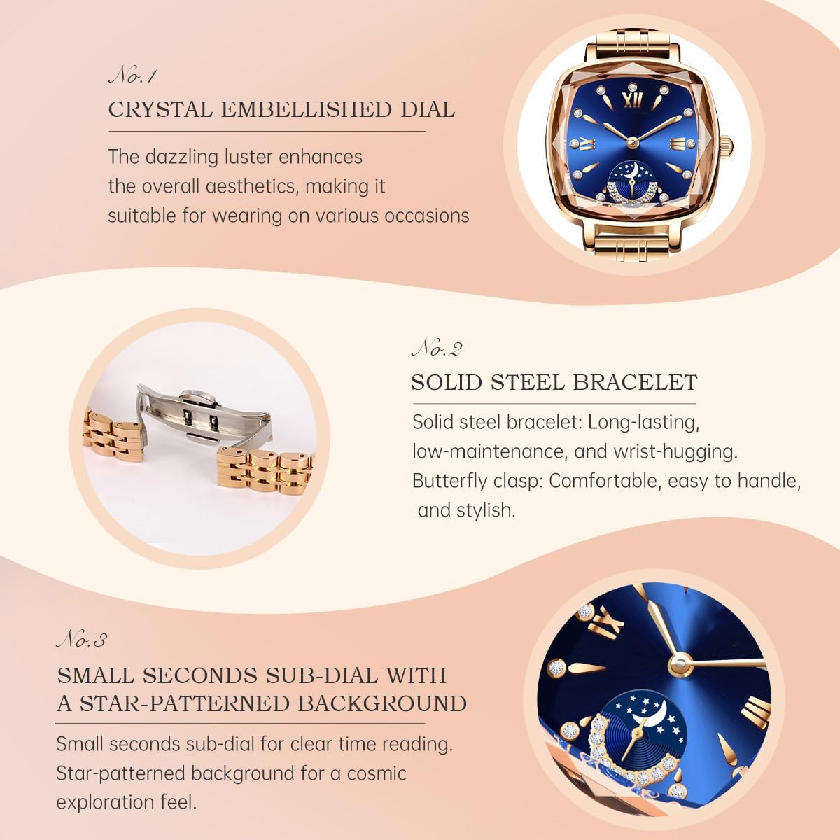 TOOCAT Rose Gold Ladies' Watch Stylish Simple Square Quartz Watch, 30M Water Resistant, Steel Strap with Strap Adjuster - Image 5