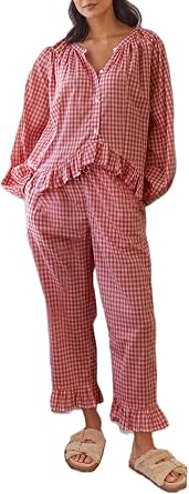 Argeousgor Women 2 Piece Plaid Pajamas Set Y2k Puff Sleeve Peplum Babydoll Shirt Ruffle Hem Pants Gingham Lounge Set
