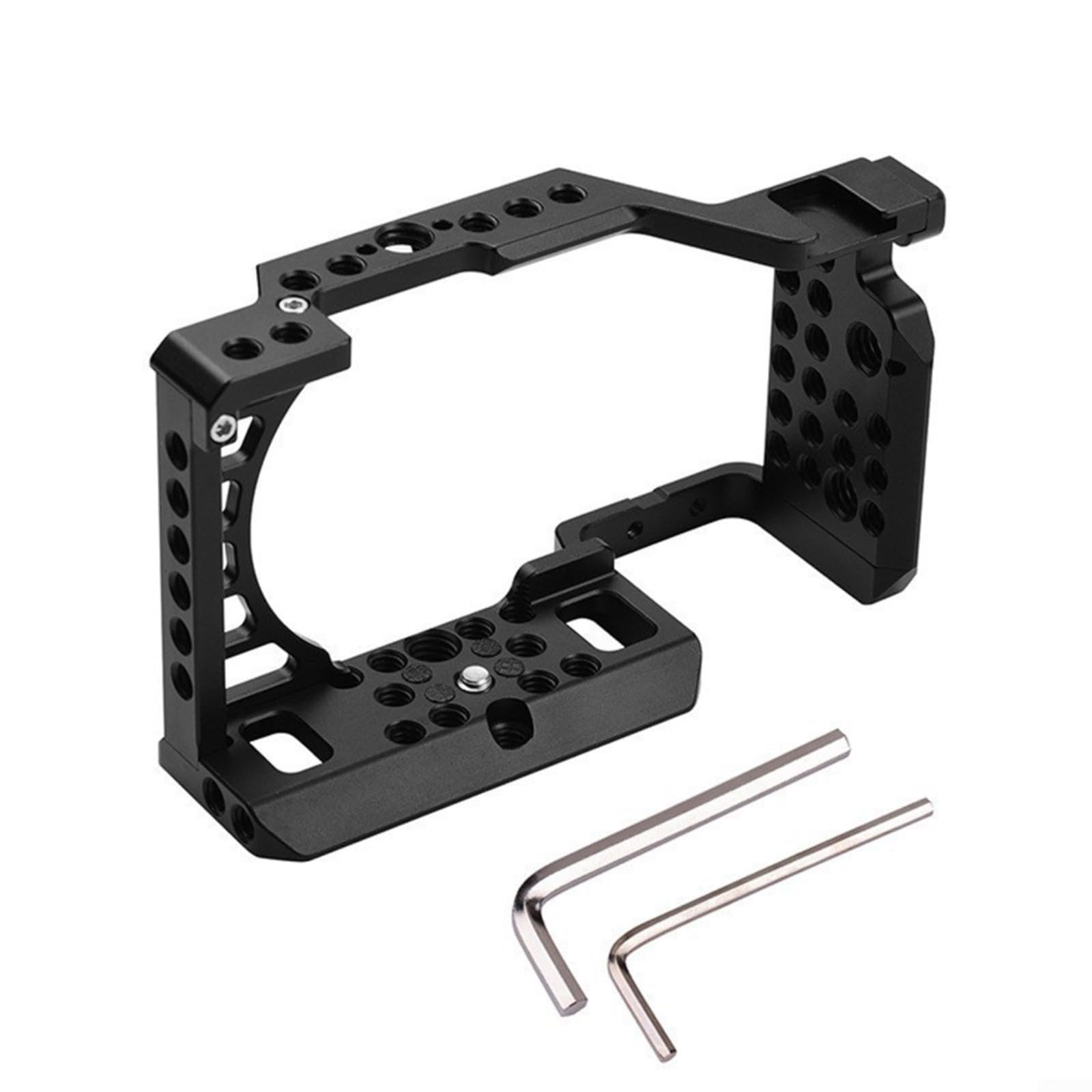 Cage en alliage d'aluminium pour appareil photo Sony A6000 A6300 A6400 A6500 avec support de griffe et trous de vis 1/4 pour vlogging photographie Noir (avec poignée)