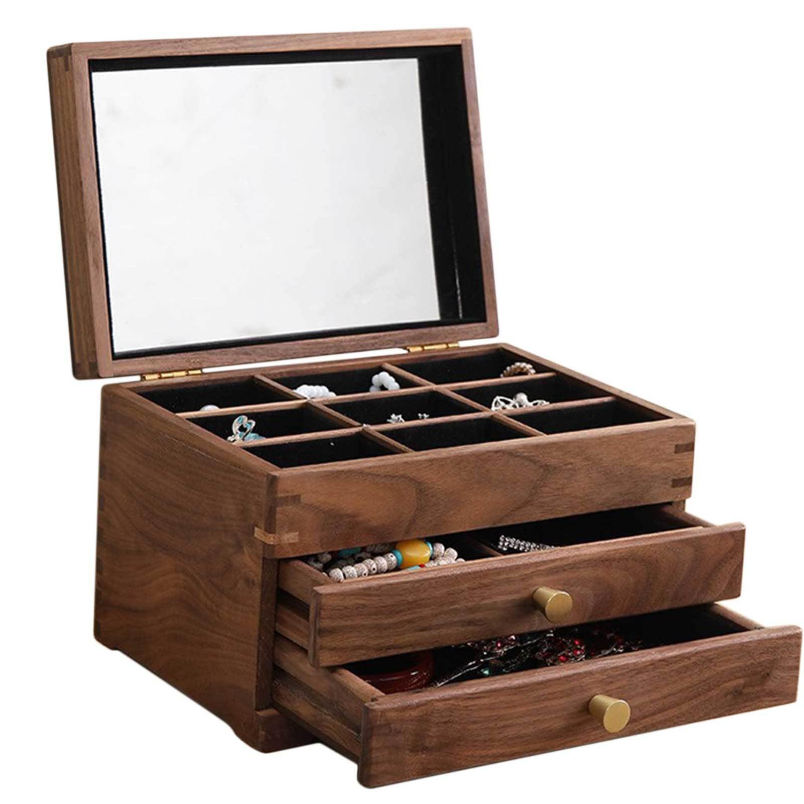 Pudełko na biżuterię, Solid Wood Jewelry Box Mirror 2 Drawers Velvet Interior 9.45x6.30x6.69 Inches Storage Organizer