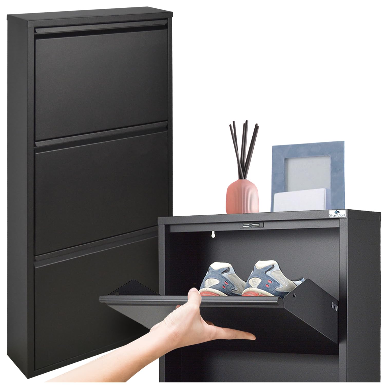 StarMart Scarpiera Salvaspazio Slim NERA (3 Ante 9 Paia, Nessun Montaggio) Struttura in Metallo resistente (no plastica, tessuto, or legno), per Interni/Esterni, Scarpe/Stivali, Garanzia 15 Anni