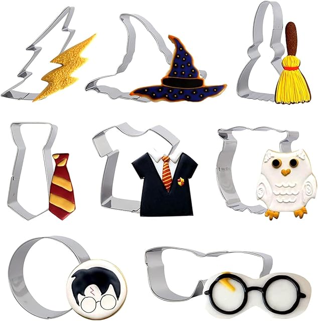 Witch and Wizard Cookie Cutter Set Stainless Steel Owl Witch's Hat Broom Scarf Lightning Biscuit Fondant Molds for Baby Shower All Saints' Day Witches Party