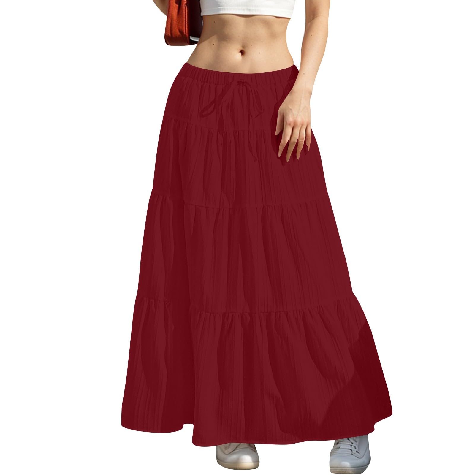 Women Maxi Skirts Elastic Waist Soft Long Skirts Drawstring Pleated Novelty Boho Skirt Puffy Going Out Beach Cover