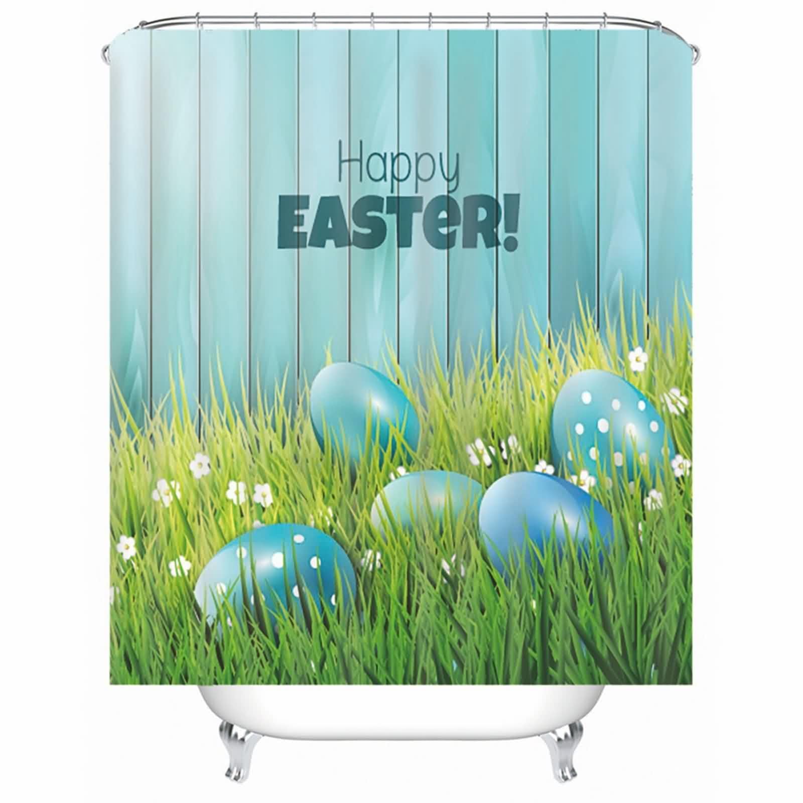 Rideau de douche bleu vert anti moisissure en polyester lavable motif Happy Easter