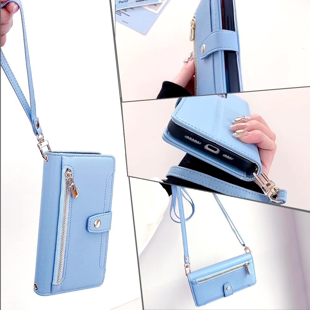 Compatible with Google Pixel 6A Flip Kickstand Lanyard Zipper Card Slot Wallet Case Blue