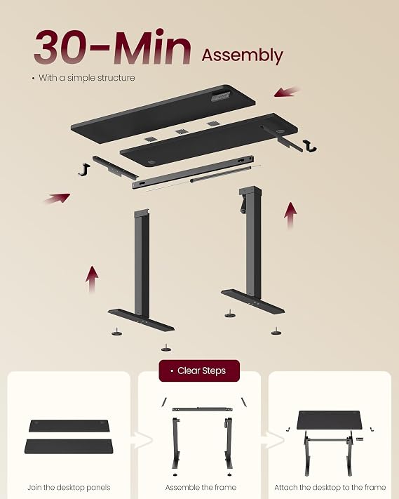 VASAGLE Electric Standing Desk, Height Adjustable Desk, Sedentary Reminder, 4 Memory Heights, for Home Office, 100 x 60 cm, Black LSD310BZ01