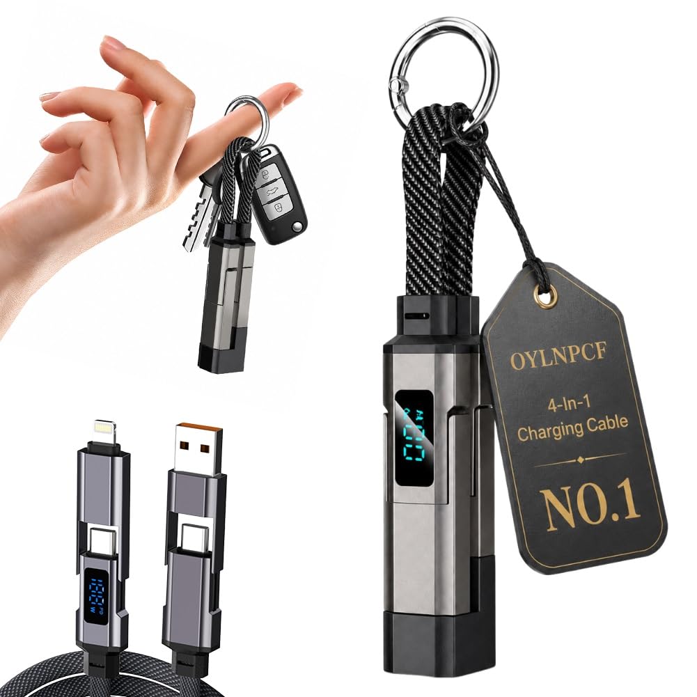 4-in-1 Digital Display Keychain Charging Cable, Short USB C to A Multi Connector Cord, Compact Fast Charge Key Ring for Phones, Tablets, Laptops, Travel EDC Accessories Daily Carry(Black)