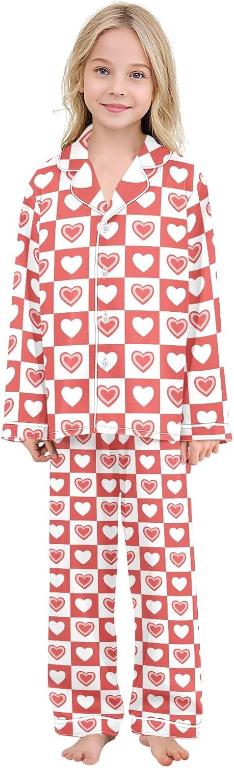 Kids Casual Satin Wear Set Heart Checkboard Pattern Unisex Relaxed Fit Clothing