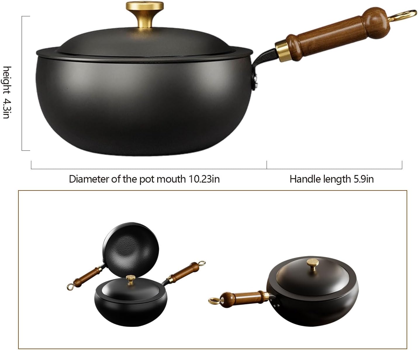 Uncoated Thick Iron Pot 10 Inch Japanese Pan Cast Iron Wok with Lid Thermal Conductivity Efficiency, Hand Forged Iron Easy to Clean for Deep Frying Stewing Oven Induction Cooker