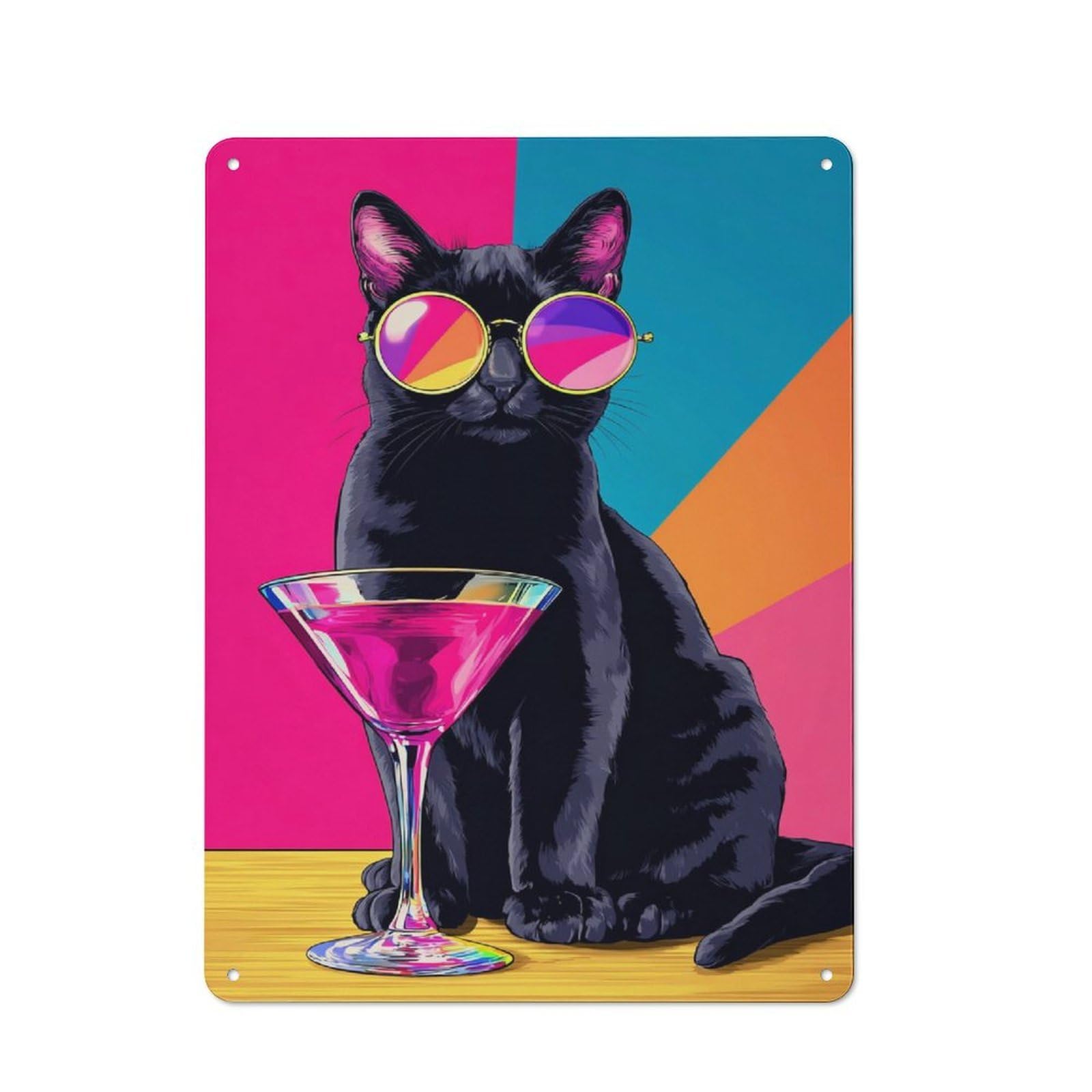 Junmoney Stylish Cat With Cocktail Cottage Metal Wall Decor 40X30cm, Shed Metal Sign For Conservatory, Home Bar Or Utility Room