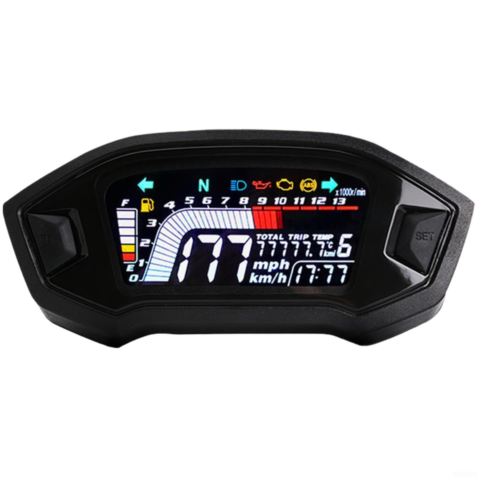 LCD universale per cruscotto 12V per moto, tachimetro HD con contachilometri, indicatore del serbatoio a 6 livelli, compatibile con 1-4 cilindri, nero