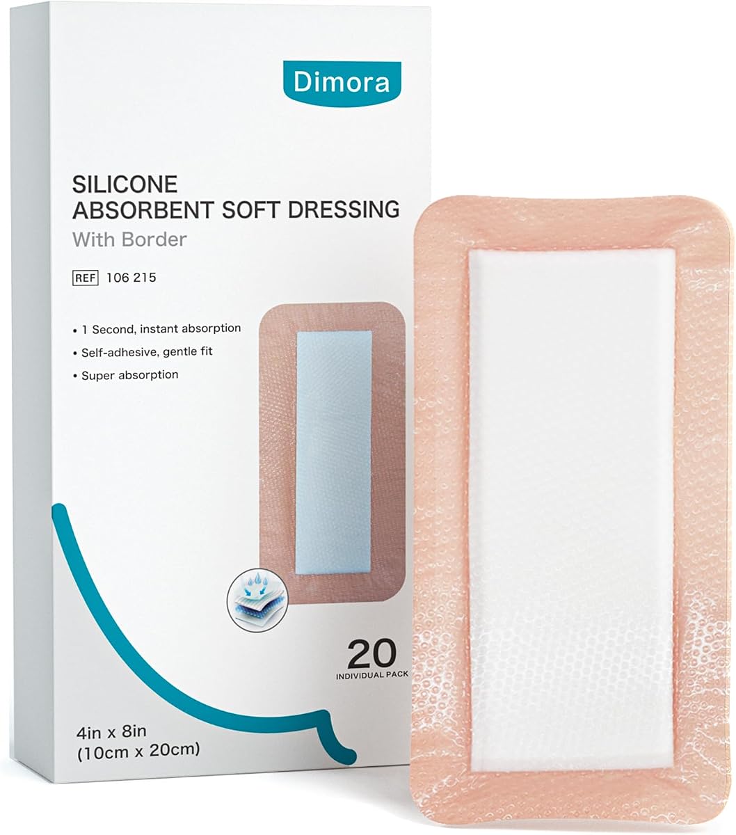 Dimora 20 Count Silicone Super Absorbent Wound Dressing - 4" x 8" Soft Gauze Pads for Bed Sores Leg Ulcers Post Surgical Incisions, Adhesive Wound Bandage with Gentle Border