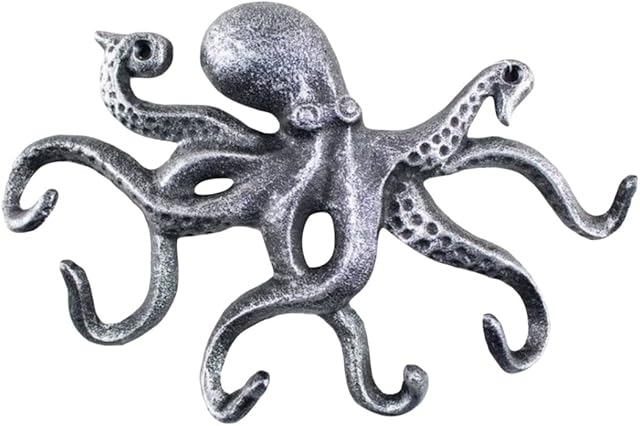 Hampton Nautical Antique Silver Cast Iron Octopus Hook 11 Inch - Decorative Hook - Sealife Metal Wall Hook