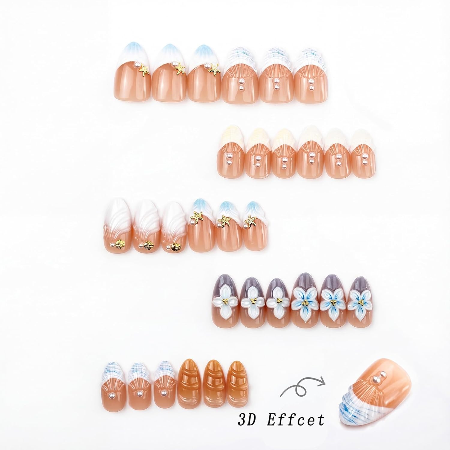 Summer Press on Nails Short Almond Fake Nails French Tip False Nails with Blue 3D Flowers Waves Beach Designs Glue on Nails Glossy Cute Acrylic Nails for Women Manicure
