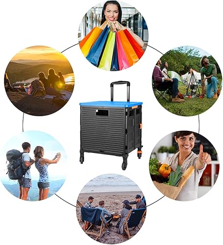 Miniatura 49 de FELICON SELORSS - Carrito plegable portátil con ruedas para subir escaleras y ruedas giratorias de 360°, mango telescópico, caja de plástico