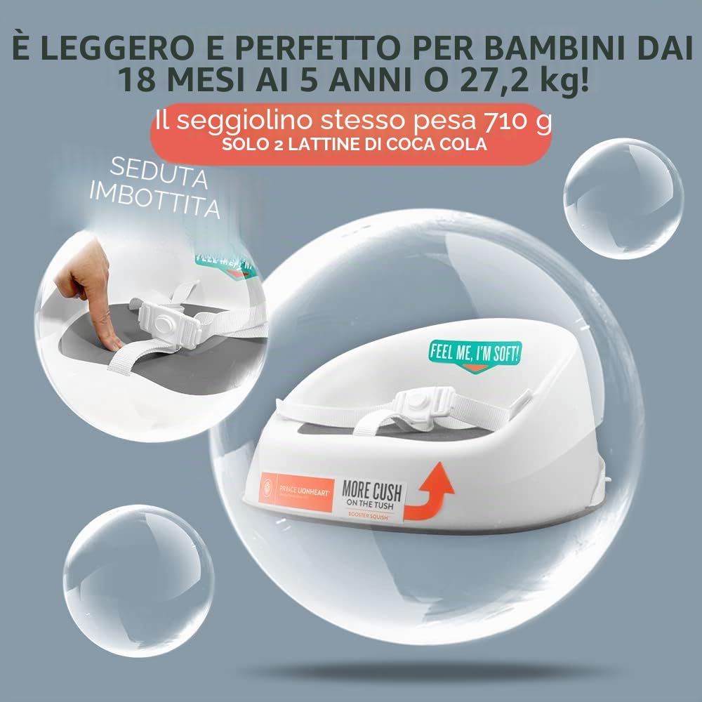 Prince Lionheart Booster Seduta Squish Grigio 18m+ 5yrs 27kg Leggera Imbracatura 3 Punti Base Rigida Antiscivolo