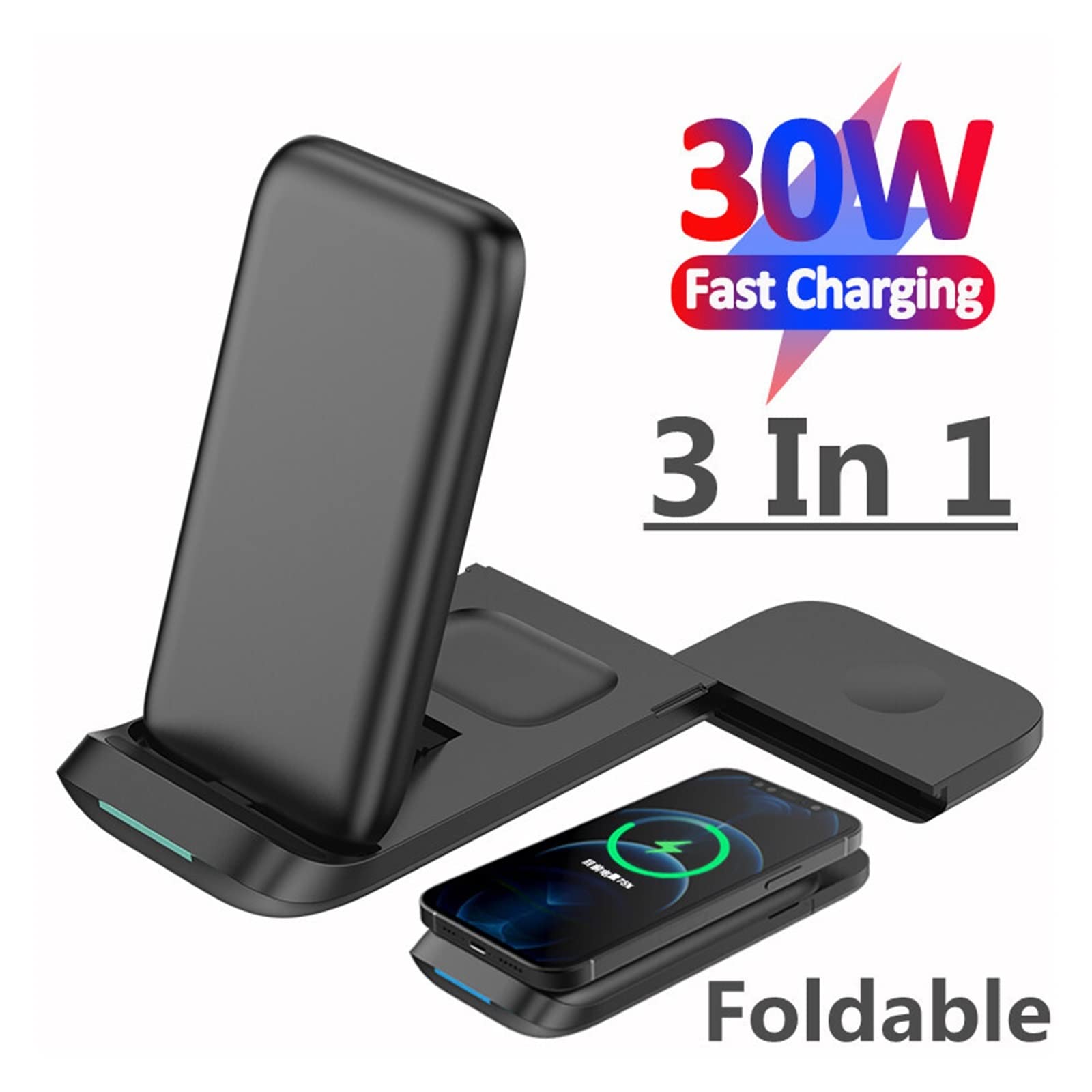 Ładowarka bezprzewodowa, Ładowarka bezprzewodowa 30 W 3 w 1 Podstawka do ładowania indukcyjnego Podkładka do stacji szybkiego ładowania telefonu Zegarek(Black with plug)