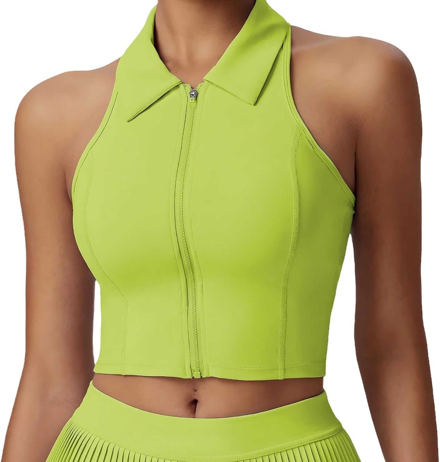 Gym Running Vest, Full Zip Sleeveless Design With High Neck, Slim Fit Women'S Workout Zip, Green, Fit Height 5'6''-5'11'', Weight 160-176 Lbs