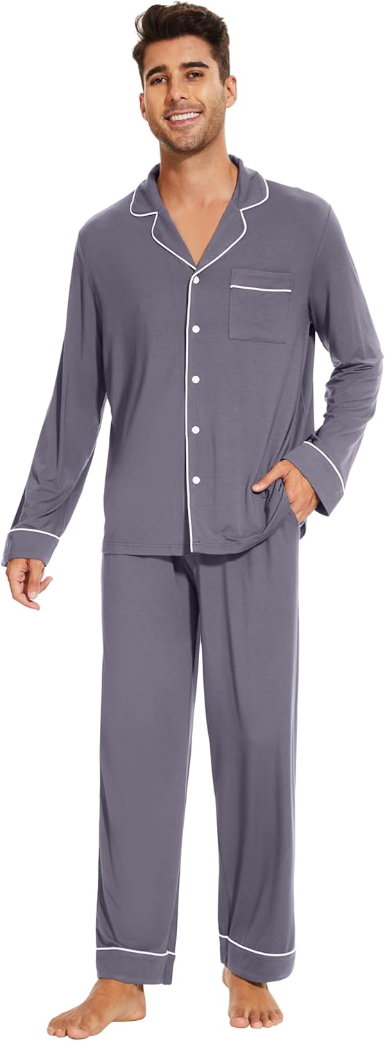 WiWi Men's Pajama Set Soft Sleepwear Button Down Pajamas Sets Classic Notch Collar Loungewear Viscose from Bamboo Pjs S-XXL