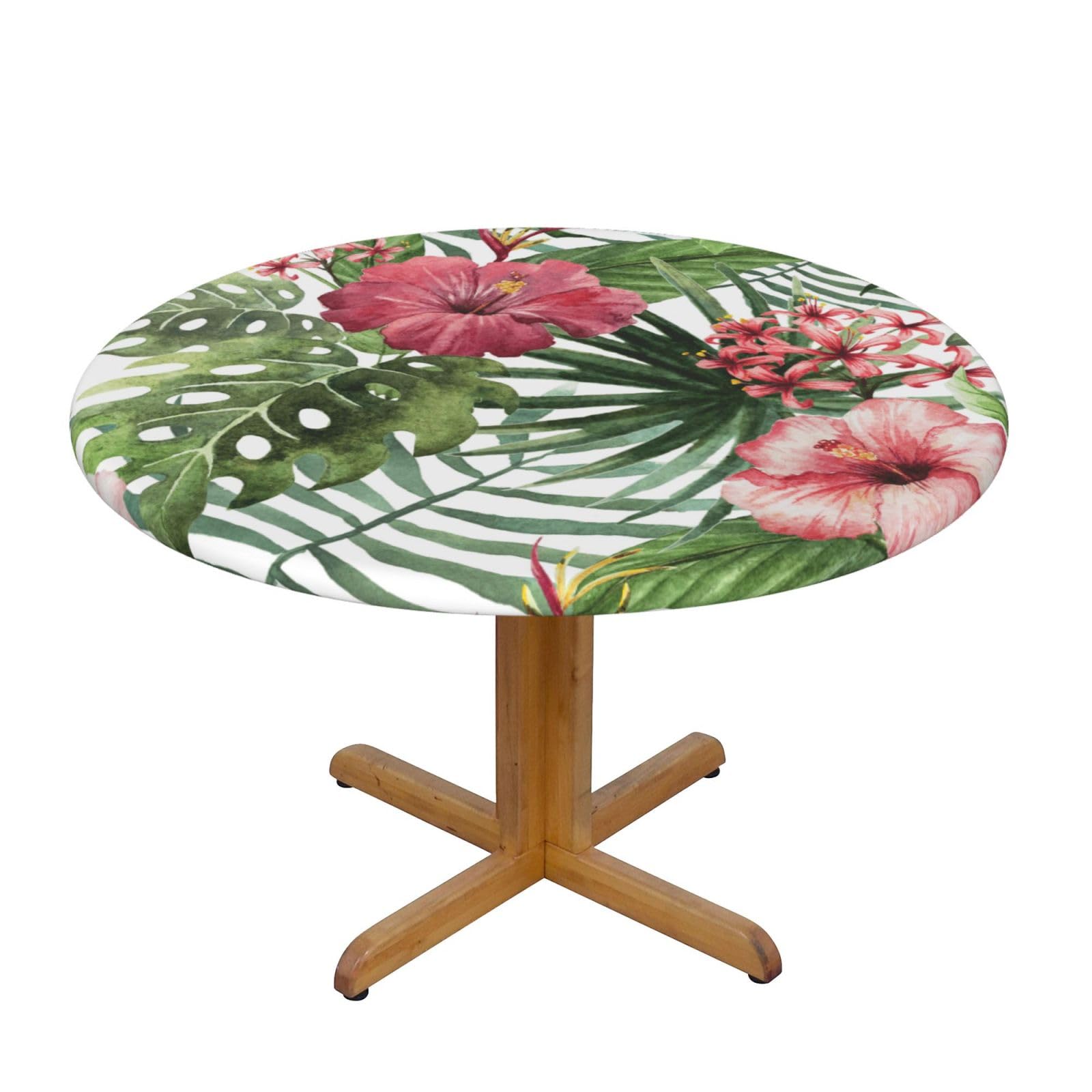 ESNAIUVCD Tropical Leaves print Waterproof Round Tablecloth,Outdoor Table Cloth with Elastic Edged, Elastic Tablecloth Wipeable, Garden Table Cloth Suitable for sizes 90cm-140cm