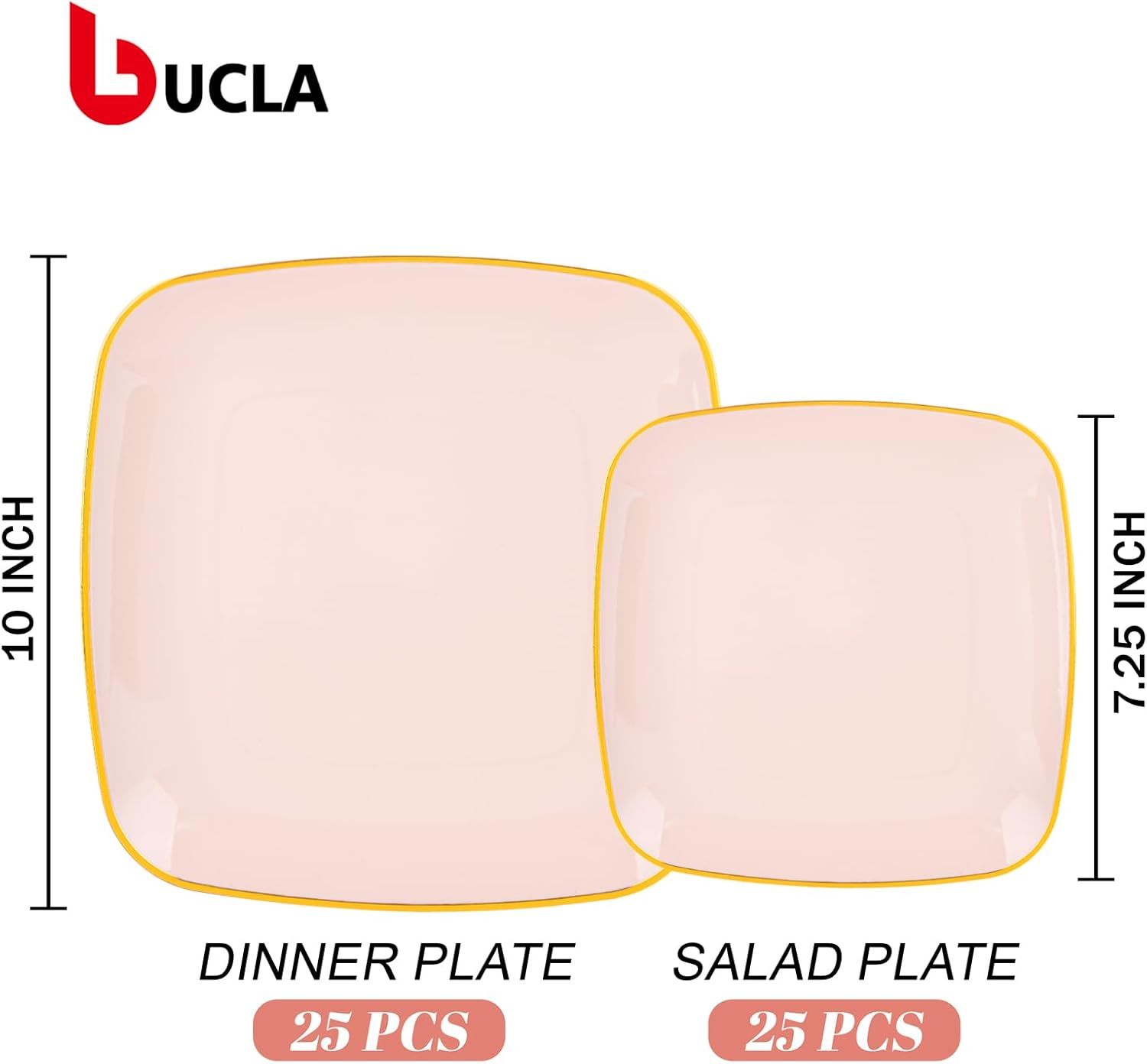 bUCLA 50PCS Pink and Gold Plastic Plates - Heavy Duty Square Pink Disposable - Include 25 Dinner & 25 Dessert Plates for Party, Wedding & Easter
