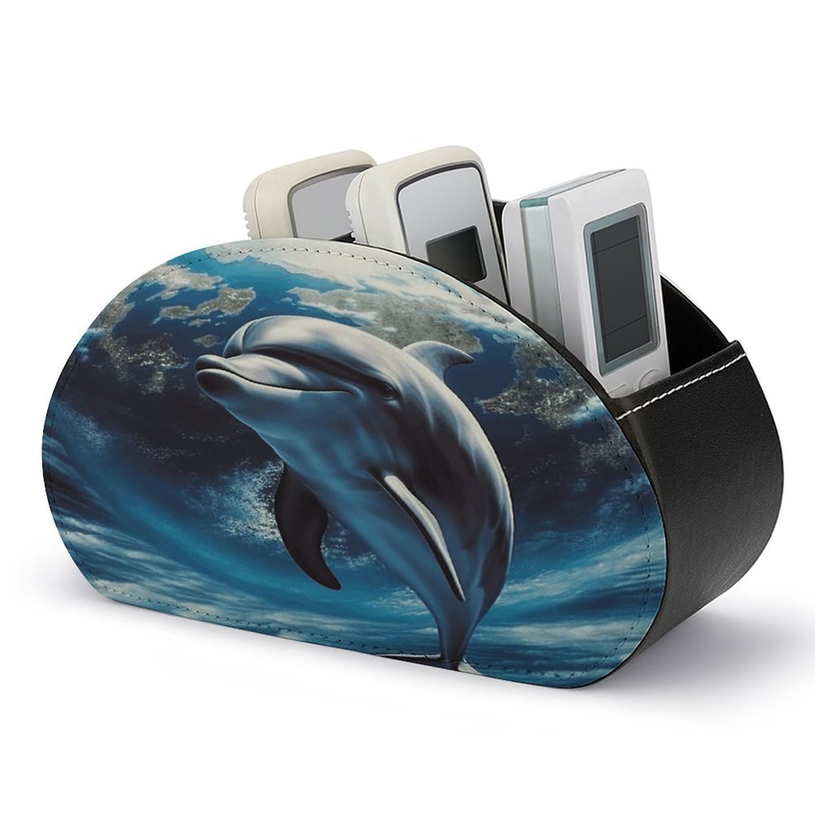 LZQPOEAS Dolphin Earth Remote Control Holder with 5 Compartments PU Leather Remote Organizer Box Caddy for Table Nightstand Remote Caddy Desktop Organizer Fits Media Controllers