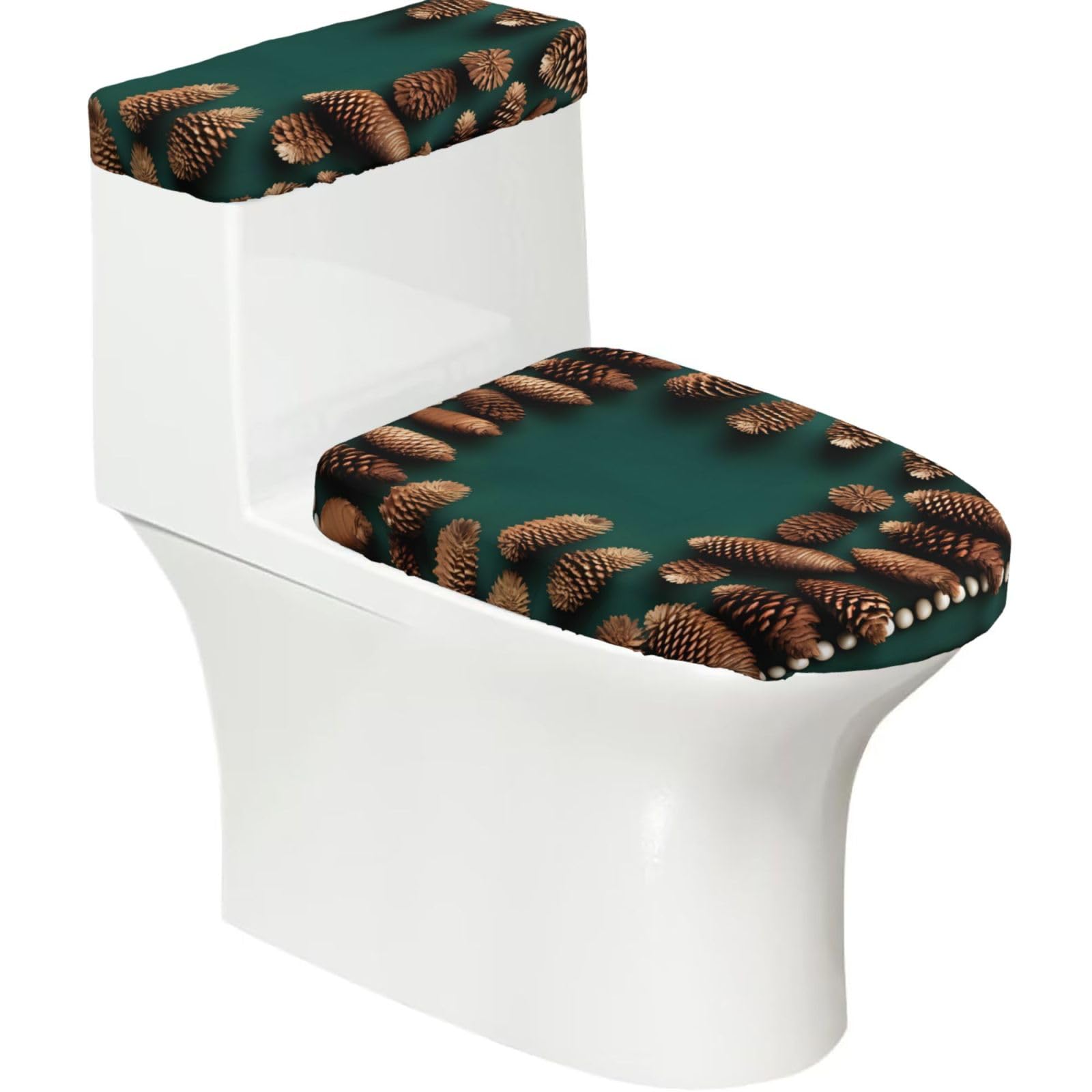 Cntdbu Black Pine Cone Border Stretchy Toilet Lid And Tank Cover Set-Soft Elastic Bathroom Decor For U Shape Oval