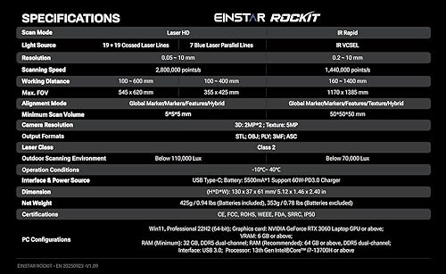 Miniatura 7 de Shining3D [Escáner 3D láser inalámbrico Einstar Rockit] con software de escaneo, 38 líneas láser, 7 líneas láser paralelas, HDR de 0.002 in para