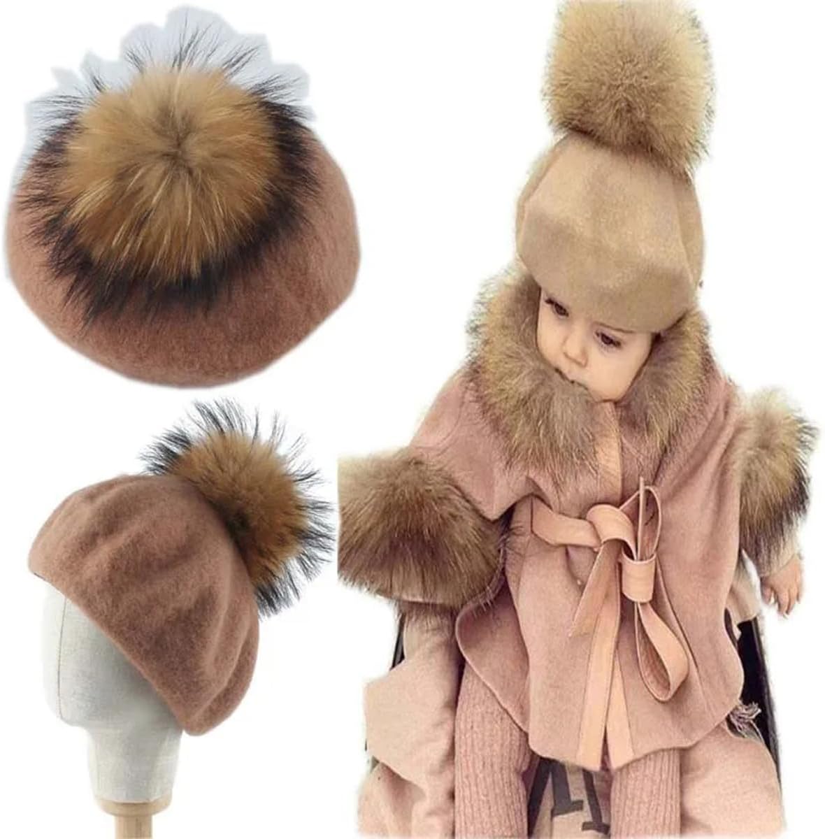 Pompom Berets for Girls Women, Winter Warm Thick Wool Beret Hat, Pumpkin Artist French Hat with Furry Ball