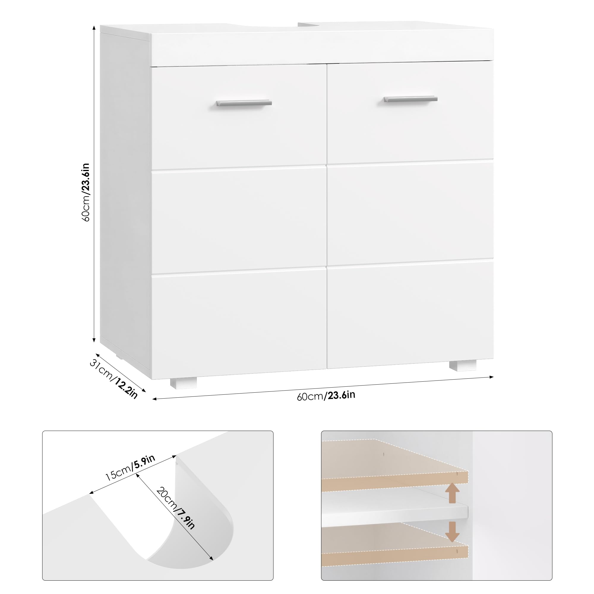 FOREHILL Waschbeckenunterschrank Unterschrank Badezimmerschrank mit 2 Türen und 2 Ablagen, 60x31x60cm, für Badezimmer, weiß
